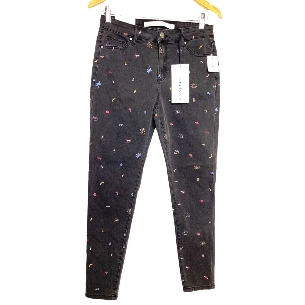 Anthro Tinseltown Women Black Mid Rise Emoji Skinny Fit Jeans Junior 9 / 29 NEW
